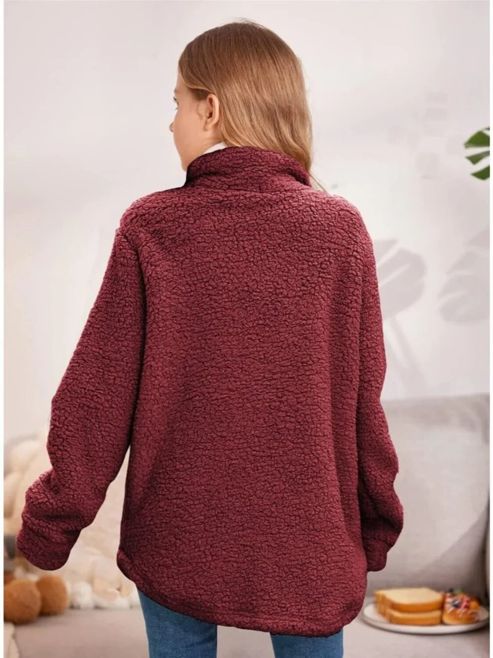 Kids Girl's Wine Red Polyester Casual Button Down Sherpa Faux Fur Fleece Jacket
